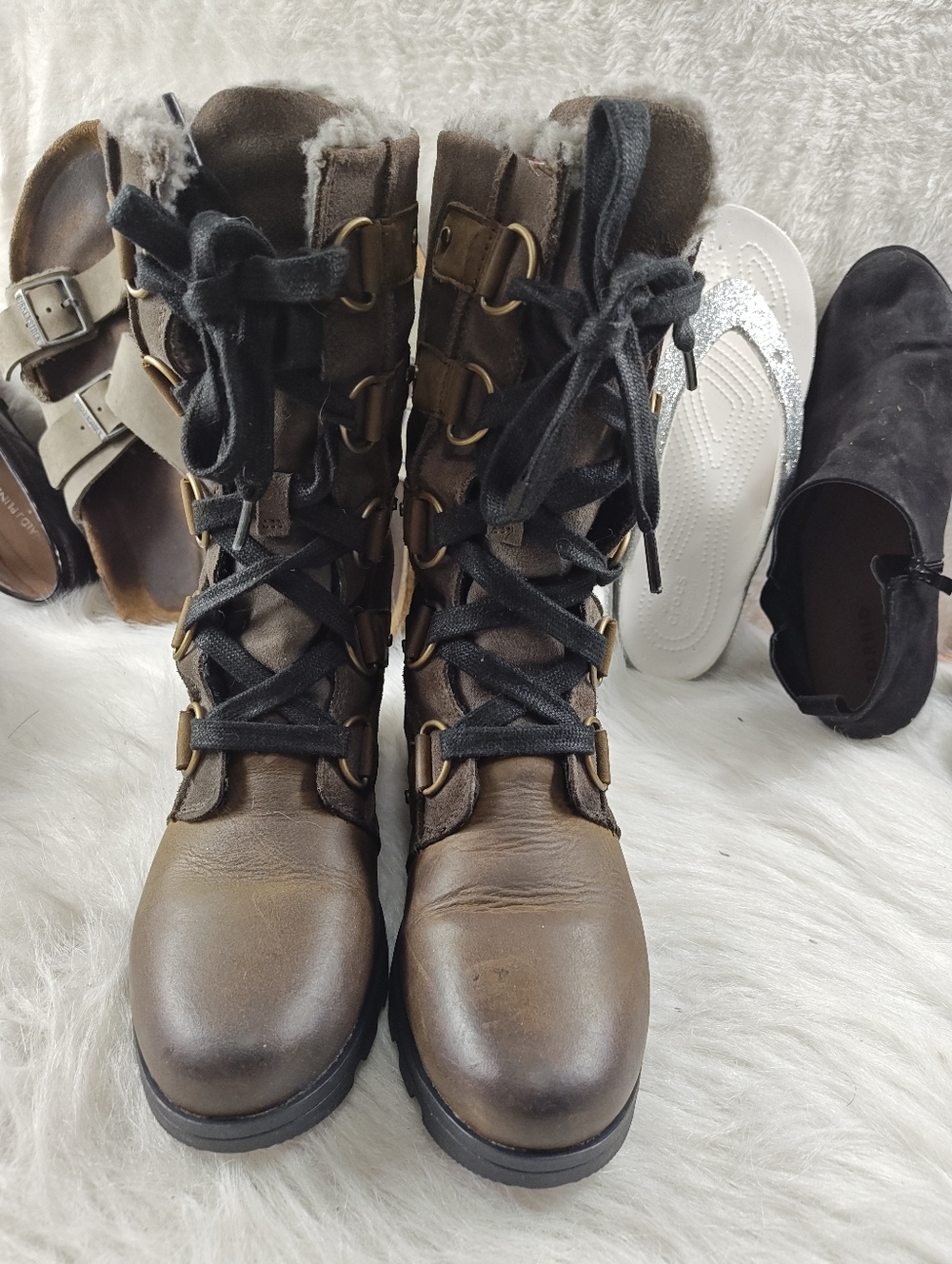 Sorel Emelie Combat Boots Waterproof Leather Suede Shearling Women’s Size 6.5